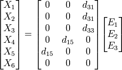 
\begin{bmatrix} X_1 \\ X_2 \\ X_3 \\ X_4 \\ X_5 \\ X_6 \end{bmatrix}
=

\begin{bmatrix} 0 & 0 & d_{31} \\
0 & 0 & d_{31} \\
0 & 0 & d_{33} \\
0 & d_{15} & 0 \\
d_{15} & 0 & 0 \\
0 & 0 & 0 \end{bmatrix}
\begin{bmatrix} E_1 \\ E_2 \\ E_3 \end{bmatrix}
