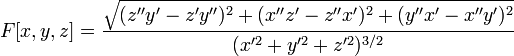 F[x,y,z]=\frac{\sqrt{(z''y'-z'y'')^2+(x''z'-z''x')^2+(y''x'-x''y')^2}}{(x'^2+y'^2+z'^2)^{3/2}}