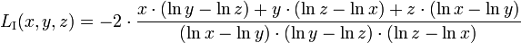 L_{\mathrm{I}}(x,y,z) = -2\cdot\frac{x\cdot(\ln y-\ln z) + y\cdot(\ln z-\ln x) + z\cdot(\ln x-\ln y)}{(\ln x-\ln y)\cdot(\ln y-\ln z)\cdot(\ln z-\ln x)}