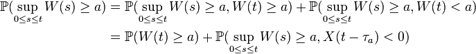  
\begin{align}
\mathbb{P}(\sup_{0\leq s\leq t}W(s) \geq a) & = \mathbb{P}(\sup_{0\leq s\leq t}W(s) \geq a, W(t) \geq a) + \mathbb{P}(\sup_{0\leq s\leq t}W(s) \geq a, W(t) < a)\\
& = \mathbb{P}(W(t) \geq a) + \mathbb{P}(\sup_{0\leq s\leq t}W(s) \geq a, X(t-\tau_a) < 0)\\
\end{align}