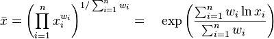  \bar{x} = \left(\prod_{i=1}^n x_i^{w_i}\right)^{1 / \sum_{i=1}^n w_i} = \quad \exp \left( \frac{\sum_{i=1}^n w_i \ln x_i}{\sum_{i=1}^n w_i \quad} \right) 