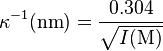  \kappa^{-1}(\mathrm{nm}) = \frac{0.304}{\sqrt{I(\mathrm{M})}}