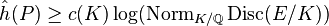  \hat h(P) \ge c(K) \log(\operatorname{Norm}_{K/\mathbb{Q}}\operatorname{Disc}(E/K))\quad