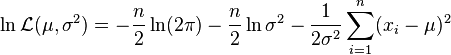 
   \ln\mathcal{L}(\mu,\sigma^2)
     = -\frac{n}{2}\ln(2\pi) - \frac{n}{2}\ln\sigma^2 - \frac{1}{2\sigma^2}\sum_{i=1}^n (x_i-\mu)^2
  