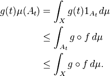 \begin{align}g(t)\mu(A_t)&=\int_X g(t)1_{A_t}\,d\mu\\ &\leq\int_{A_t} g\circ f\,d\mu\\ &\leq\int_X g\circ f\,d\mu.\end{align}