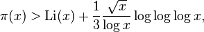 \pi(x)>\operatorname{Li}(x) +\frac13\frac{\sqrt x}{\log x}\log\log\log x,