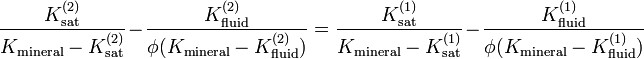 \frac{K_\mathrm{sat}^{(2)}}{K_\mathrm{mineral}-K_\mathrm{sat}^{(2)}}-\frac{K_\mathrm{fluid}^{(2)}}{\phi (K_\mathrm{mineral}-K_\mathrm{fluid}^{(2)})}=\frac{K_\mathrm{sat}^{(1)}}{K_\mathrm{mineral}-K_\mathrm{sat}^{(1)}}-\frac{K_\mathrm{fluid}^{(1)}}{\phi (K_\mathrm{mineral}-K_\mathrm{fluid}^{(1)})}