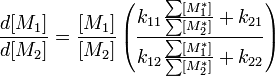 \frac{d[M_1]}{d[M_2]} = \frac{[M_1]}{[M_2]}  \left( \frac{k_{11}\frac{\sum[M_1^*]}{\sum[M_2^*]} + k_{21}} {k_{12}\frac{\sum[M_1^*]}{\sum[M_2^*]} + k_{22}} \right) \,