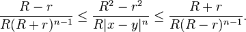 \displaystyle{{R -r\over R (R+r)^{n-1}} \le {R^2 -r^2\over R|x-y|^n}\le {R+r\over R(R-r)^{n-1}}.}