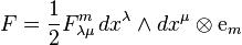  F=\frac{1}{2} F_{\lambda\mu}^m \, dx^\lambda\wedge dx^\mu\otimes {\mathrm e}_m 