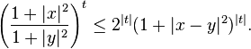  \left( \frac{1+|x|^2}{1+|y|^2} \right)^t \le 2^{|t|} (1+|x-y|^2)^{|t|}.