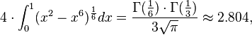 4 \cdot \int_0^1 (x^2 - x^6)^{\frac{1}{6}} dx = \frac{ \Gamma(\frac{1}{6}) \cdot \Gamma(\frac{1}{3})}{3 \sqrt{\pi}} \approx 2.804,