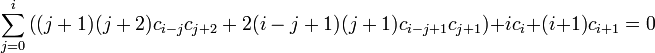 
\sum_{j = 0}^i \left((j + 1) (j + 2) c_{i - j} c_{j + 2} + 2 (i - j + 1) (j + 1) c_{i - j + 1} c_{j + 1}\right) + i c_i + (i + 1) c_{i + 1} = 0
