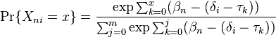 
\Pr \{X_{ni}=x\} =\frac{\exp{{\sum_{k=0}^x (\beta_n} - ({\delta_i-\tau_{k}}))}}{\sum_{j=0}^m \exp{{\sum_{k=0}^j (\beta_n} - {(\delta_i-\tau_{k}}))}}
