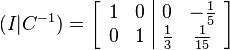 
(I|C^{-1}) = 
  \left[\begin{array}{cc|cc}
    1 & 0 & 0 & -\frac{1}{5} \\
    0 & 1 & \frac{1}{3} & \frac{1}{15}
  \end{array}\right]
