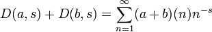  D(a,s) + D(b,s) = \sum_{n=1}^\infty (a+b)(n) n^{-s} \  