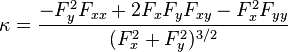 \kappa = \frac{-F_y^2F_{xx}+2F_xF_yF_{xy}-F_x^2F_{yy}}{(F_x^2+F_y^2)^{3/2}}