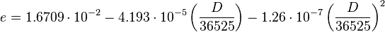 e = 1.6709\cdot 10^{-2}-4.193\cdot 10^{-5}\left(\frac{D}{36525}\right)-1.26\cdot 10^{-7}\left(\frac{D}{36525}\right)^2