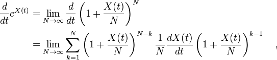 \begin{align}\frac{d}{dt}e^{X(t)} &= \lim_{N \to \infty}\frac{d}{dt}\left(1+\frac{X(t)}{N}\right)^N\\
&= \lim_{N \to \infty}\sum_{k=1}^N\left(1+\frac{X(t)}{N}\right)^{N-k}\frac{1}{N}\frac{dX(t)}{dt}\left(1+\frac{X(t)}{N}\right)^{k-1}~~~,\end{align}