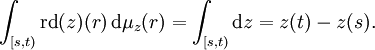 \int_{[s, t)} \mathrm{rd}(z)(r) \, \mathrm{d} \mu_{z} (r) = \int_{[s, t)} \mathrm{d} z = z(t) - z(s).