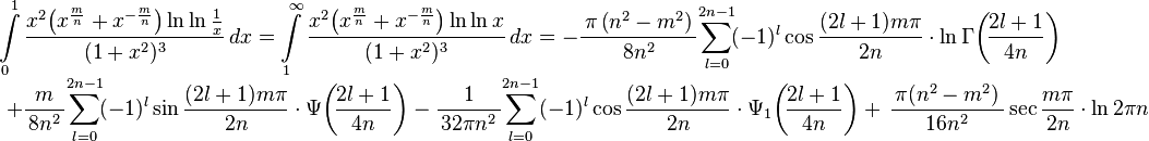  
\begin{array}{l}
\displaystyle
\int\limits_0^1  \frac{x^2\!\left(x^{\frac{m}{n}}+x^{-\frac{m}{n}}\right)\ln\ln\frac{1}{x}}{\,(1+x^2)^3\,}\, dx =
\int\limits_1^\infty \frac{x^2\!\left(x^{\frac{m}{n}}+x^{-\frac{m}{n}}\right)\ln\ln{x}}{\,(1+x^2)^3\,}\, dx = 
-\frac{\,\pi\left(n^2-m^2\right)\,}{8n^2}\!\sum_{l=0}^{2n-1} \! (-1)^l
\cos\dfrac{(2l+1)m\pi}{2n} \cdot\ln\Gamma\!\left(\!\frac{2l+1}{4n}\right) \\[3mm]
\displaystyle \,\,
+\frac{\,m\,}{\,8n^2\,}\! \sum_{l=0}^{2n-1} \! (-1)^l \sin\dfrac{(2l+1)m\pi}{2n}\cdot \Psi\!\left(\!\frac{2l+1}{4n}\right) 
-\frac{\,1\,}{\,32\pi n^2\,} \!\sum_{l=0}^{2n-1}(-1)^l \cos\dfrac{(2l+1)m\pi}{2n}\cdot \Psi_1\!\left(\!\frac{2l+1}{4n}\right) 
+ \,\frac{\,\pi (n^2-m^2)\,}{16n^2}\sec\dfrac{m \pi}{2n}\cdot\ln2\pi n
\end{array}
