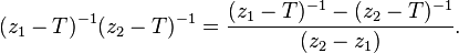 (z_1 - T)^{-1} (z_2 - T)^{-1} = \frac{(z_1 - T)^{-1} - (z_2 - T)^{-1} }{(z_2 - z_1)}.