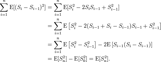 \begin{align}
\sum_{i=1}^n \text{E}[ (S_i - S_{i-1})^2] &= \sum_{i=1}^n \text{E}[ S_i^2 - 2 S_i S_{i-1} + S_{i-1}^2 ] \\
&= \sum_{i=1}^n \text{E}\left[ S_i^2 - 2 (S_{i-1} + S_{i} - S_{i-1}) S_{i-1}   + S_{i-1}^2 \right] \\
&= \sum_{i=1}^n \text{E}\left[ S_i^2 - S_{i-1}^2 \right] - 2\text{E}\left[ S_{i-1} (S_{i}-S_{i-1})\right]\\
&= \text{E}[S_n^2] - \text{E}[S_0^2] = \text{E}[S_n^2].
\end{align}
