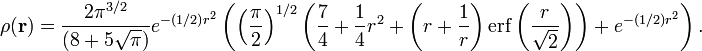 \rho(\mathbf{r}) = \frac{2\pi^{3/2}}{(8+5\sqrt{\pi})}e^{-(1/2)r^{2}}\left(\left(\frac{\pi}{2}\right)^{1/2}\left(\frac{7}{4}+\frac{1}{4}r^{2}+\left(r+\frac{1}{r}\right)\mathrm{erf}\left(\frac{r}{\sqrt{2}}\right)\right)+e^{-(1/2)r^{2}}\right).