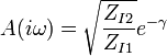 A(i\omega)=\sqrt{\frac{Z_{I2}}{Z_{I1}}}e^{-\gamma}