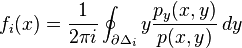 f_i(x) = \frac{1}{2\pi i}\oint_{\partial\Delta_i} y\frac{p_y(x,y)}{p(x,y)}\,dy