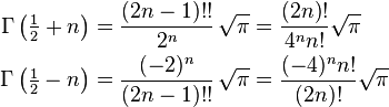 \begin{align}
\Gamma\left(\tfrac{1}{2}+n\right) &= \frac{(2n-1)!!}{2^n}\, \sqrt{\pi} = \frac{(2n)!}{4^n n!} \sqrt{\pi} \\
\Gamma\left(\tfrac{1}{2}-n\right) &= \frac{(-2)^n}{(2n-1)!!}\, \sqrt{\pi} = \frac{(-4)^n n!}{(2n)!} \sqrt{\pi} 
\end{align}