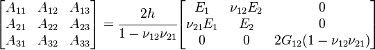 
   \begin{bmatrix} A_{11} & A_{12} & A_{13} \\ A_{21} & A_{22} & A_{23} \\
                   A_{31} & A_{32} & A_{33} \end{bmatrix}
   = \cfrac{2h}{1-\nu_{12}\nu_{21}}
   \begin{bmatrix} E_1 & \nu_{12}E_2 & 0 \\
                   \nu_{21}E_1 & E_2 & 0 \\
                   0 & 0 & 2G_{12}(1-\nu_{12}\nu_{21}) \end{bmatrix}
 