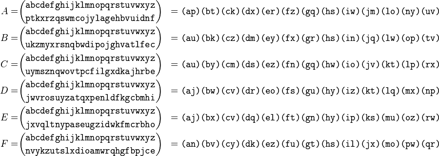 \begin{align}
A = &\binom\texttt{abcdefghijklmnopqrstuvwxyz}
           \texttt{ptkxrzqswmcojylagehbvuidnf} &= \texttt{(ap)(bt)(ck)(dx)(er)(fz)(gq)(hs)(iw)(jm)(lo)(ny)(uv)} \\
B = &\binom\texttt{abcdefghijklmnopqrstuvwxyz}
           \texttt{ukzmyxrsnqbwdipojghvatlfec} &= \texttt{(au)(bk)(cz)(dm)(ey)(fx)(gr)(hs)(in)(jq)(lw)(op)(tv)} \\
C = &\binom\texttt{abcdefghijklmnopqrstuvwxyz}
           \texttt{uymsznqwovtpcfilgxdkajhrbe} &= \texttt{(au)(by)(cm)(ds)(ez)(fn)(gq)(hw)(io)(jv)(kt)(lp)(rx)} \\
D = &\binom\texttt{abcdefghijklmnopqrstuvwxyz}
           \texttt{jwvrosuyzatqxpenldfkgcbmhi} &= \texttt{(aj)(bw)(cv)(dr)(eo)(fs)(gu)(hy)(iz)(kt)(lq)(mx)(np)} \\
E = &\binom\texttt{abcdefghijklmnopqrstuvwxyz}
           \texttt{jxvqltnypaseugzidwkfmcrbho} &= \texttt{(aj)(bx)(cv)(dq)(el)(ft)(gn)(hy)(ip)(ks)(mu)(oz)(rw)} \\
F = &\binom\texttt{abcdefghijklmnopqrstuvwxyz}
           \texttt{nvykzutslxdioamwrqhgfbpjce} &= \texttt{(an)(bv)(cy)(dk)(ez)(fu)(gt)(hs)(il)(jx)(mo)(pw)(qr)} \\
\end{align}