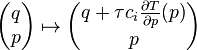 
\begin{pmatrix}
q\\ p
\end{pmatrix}
\mapsto
\begin{pmatrix}
 q + \tau c_i \frac{\partial T}{\partial p}(p)\\
 p
\end{pmatrix}
