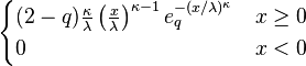 \begin{cases}
(2-q)\frac{\kappa}{\lambda}\left(\frac{x}{\lambda}\right)^{\kappa-1}e_{q}^{-(x/\lambda)^{\kappa}} & x\geq0\\
0 & x<0\end{cases}