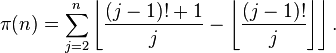 \pi(n) = \sum_{j=2}^n\left\lfloor\frac{(j-1)!+1}{j} - \left\lfloor\frac{(j-1)!}{j}\right\rfloor\right\rfloor.