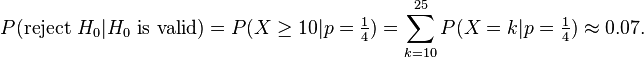 P(\text{reject }H_0 | H_0 \text{ is valid}) = P(X \ge 10|p=\tfrac 14) =\sum_{k=10}^{25}P(X=k|p=\tfrac 14)\approx 0{.}07.