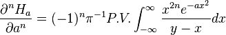 {\partial^nH_a \over \partial a^n} = (-1)^n\pi^{-1} P.V. \int_{-\infty}^\infty {x^{2n}e^{-ax^2} \over y-x} dx 