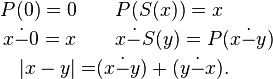 
\begin{align} 
P(0) = 0 \quad & \quad P(S(x)) = x \\ 
x \dot - 0 = x \quad & \quad x \dot - S(y) = P(x \dot - y) \\
|x - y| = & (x \dot - y) + (y \dot - x). \\
\end{align}
