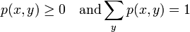 
p(x,y)\geq 0 \quad\text{and} \sum_{y}p(x,y)=1
