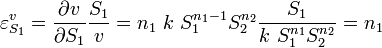 
\varepsilon^v_{S_1} = \frac{\partial v}{\partial S_1} \frac{S_1}{v} = n_1\ k\ S_1^{n_1-1} S_2^{n_2} \frac{S_1}{k\ S_1^{n_1} S_2^{n_2}} = n_1
