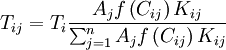 
T_{ij}  = T_i\frac{{A_j f\left( {C_{ij} } \right)K_{ij} }}
{{\sum_{j = 1}^n {A_j f\left( {C_{ij} } \right)K_{ij} } }}
