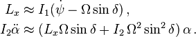 \begin{align}
L_{x}&\approx I_{1}(\dot{\psi}-\Omega\sin\delta)\,,\\
I_{2}\ddot{\alpha}&\approx (L_{x}\Omega\sin\delta+I_{2}\,\Omega^{2}\sin^{2}\delta)\,\alpha\,.\end{align}