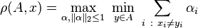 \rho(A,x) = \max_{\alpha, \|\alpha\|_2 \le 1} \ \min_{y \in A} \ \sum_{i~:~x_i \neq y_i} \alpha_i