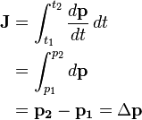 \begin{align}
 \mathbf{J} &= \int_{t_1}^{t_2} \frac{d\mathbf{p}}{dt}\, dt \\
 &= \int_{p_1}^{p_2} d\mathbf{p} \\
 &= \mathbf{p_2} - \mathbf{p_1} = \Delta \mathbf{p} \end{align}