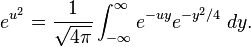 e^{u^2}=\frac{1}{\sqrt{4\pi}} \int_{-\infty}^\infty e^{-uy} e^{-y^2/4}\;dy.