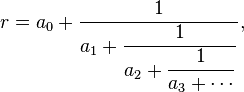 r=a_0+\dfrac{1}{a_1+\dfrac{1}{a_2+\dfrac{1}{a_3+\cdots}}},