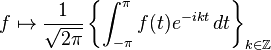  f \mapsto \frac{1}{\sqrt{2 \pi}} \left\{\int_{-\pi}^\pi f(t) e^{-i k t} \, dt \right\}_{k \in \mathbb{Z}} 