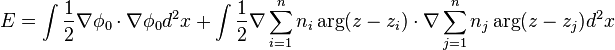 E = \int \frac{1}{2} \nabla\phi_0\cdot\nabla\phi_0 d^2 x + \int \frac{1}{2} \nabla \sum_{i=1}^n n_i \arg(z-z_i)\cdot\nabla\sum_{j=1}^n n_j \arg(z-z_j) d^2 x