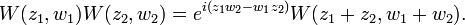 \displaystyle{W(z_1,w_1)W(z_2,w_2)= e^{i(z_1w_2-w_1z_2)} W(z_1+z_2,w_1+w_2).}